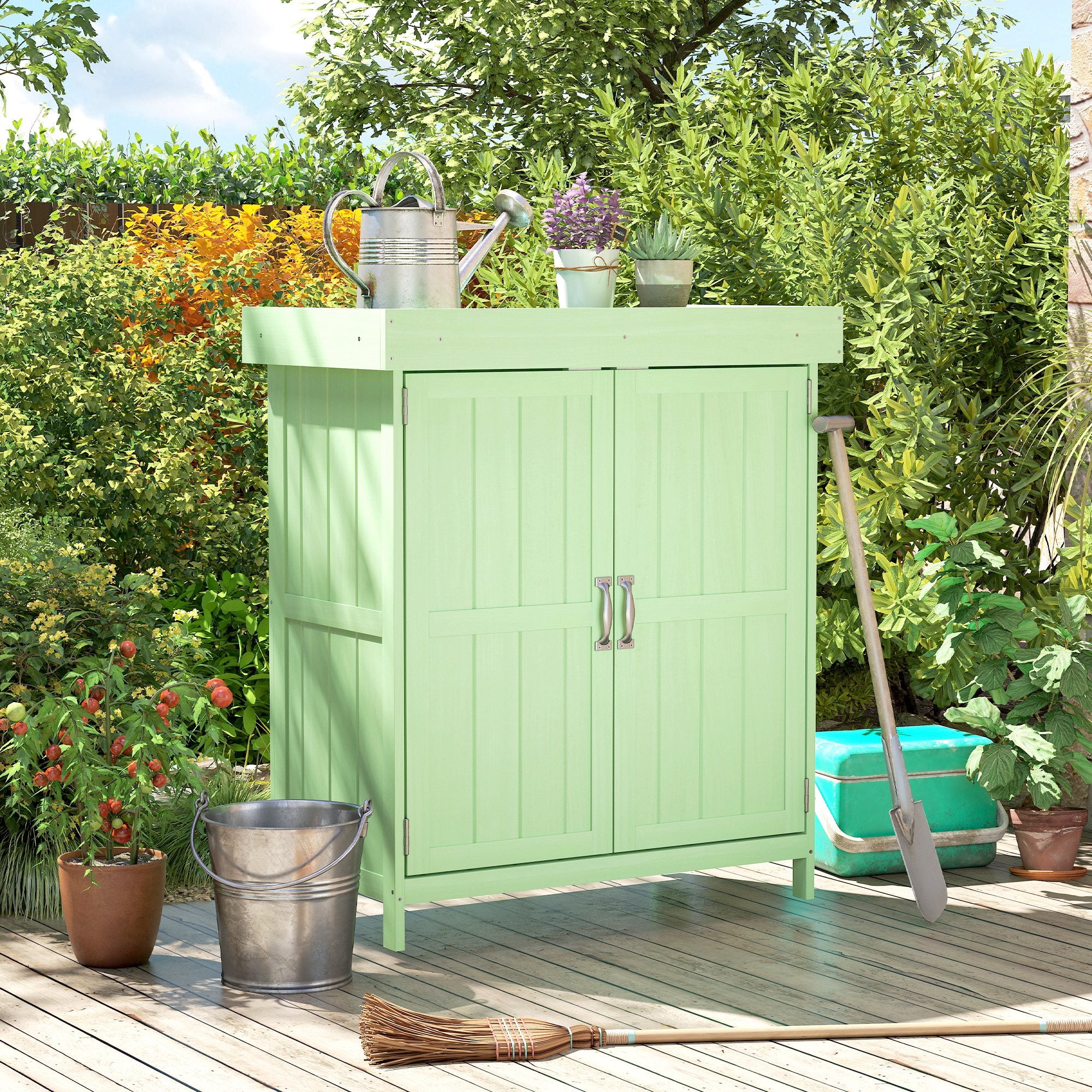 Outsunny Small Shed, Wooden Garden Shed with Openable Hinged Roof and Removable Shelf, 74 x 43 x 88 cm, Light Green 