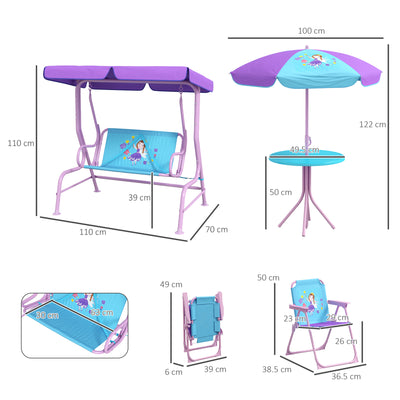 Outsunny 4PCs Kids Garden Furniture Set w/ 2 Seater Garden Swing Chair with Adjustable Canopy, Childrens Table and Chair Set with Parasol, for Toddler Girls 3-6 Years Old 