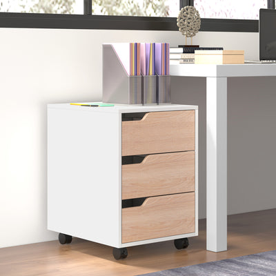 HOMCOM 3 Drawer Mobile File Cabinet, Vertical Filing Cabinet with Wheels for Home Office, Oak 