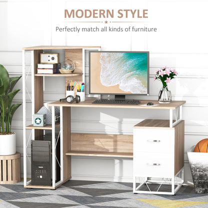HOMCOM Computer Desk with Drawers and Bookshelf, Writing Desk for Home Office with Storage Shelves, Study Workstation, Oak 