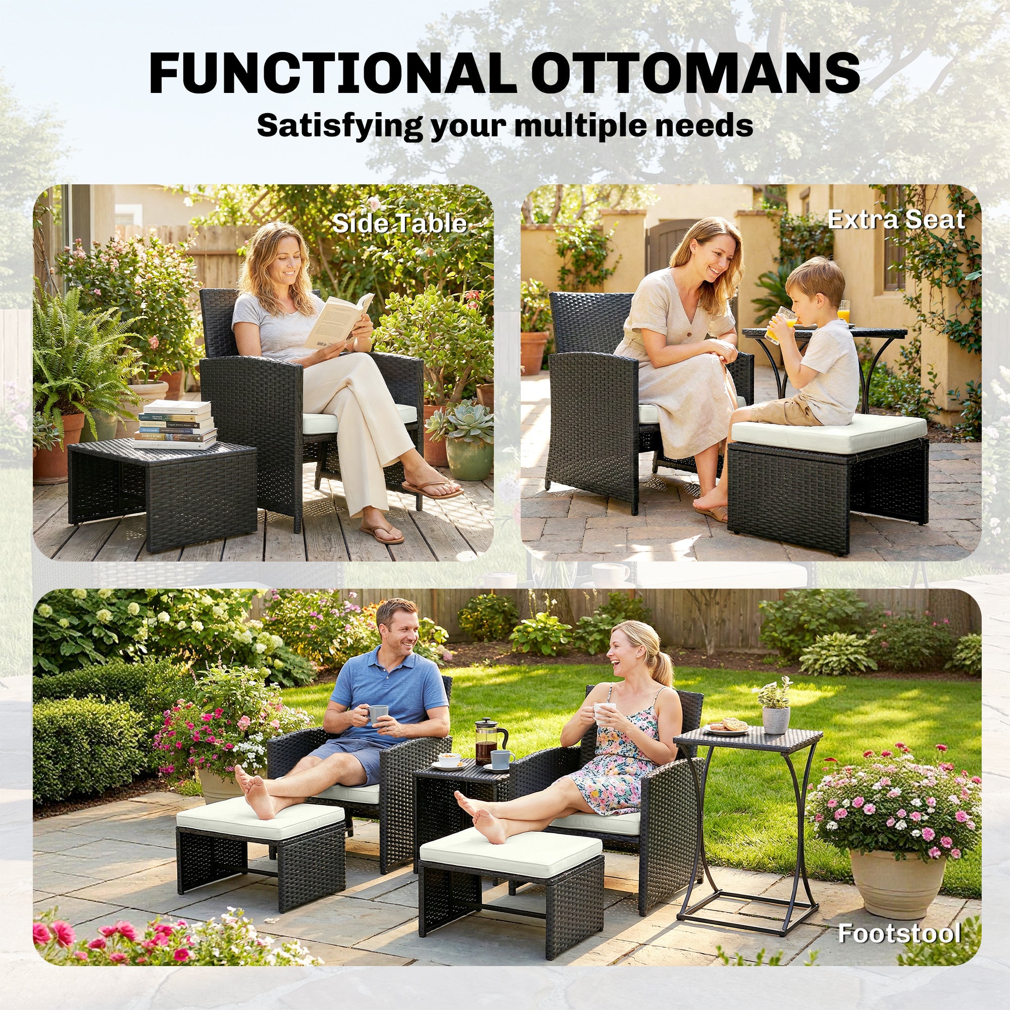 Outsunny 6 Piece Rattan Garden Furniture, Space-Saving Patio Furniture Set with Nesting Tables, Chairs, Stools, Cushions, Black 