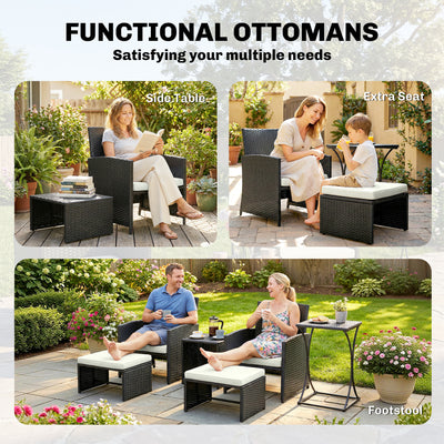 Outsunny 6 Piece Rattan Garden Furniture, Space-Saving Patio Furniture Set with Nesting Tables, Chairs, Stools, Cushions, Black 