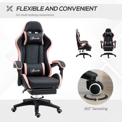 Vinsetto Computer Gaming Chair, PU Leather Desk Chair with Footrest, Swivel Task Chair with 135° Reclining Back and Lumbar Support, PC Chair for Adults, Black and Pink 