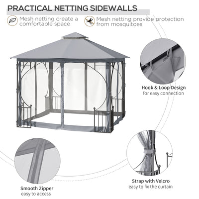 Outsunny 3 x 3(m) Garden Gazebo Patio Party Tent Shelter Outdoor Canopy Double Tier Sun Shade Metal Frame Netting, Light Grey 