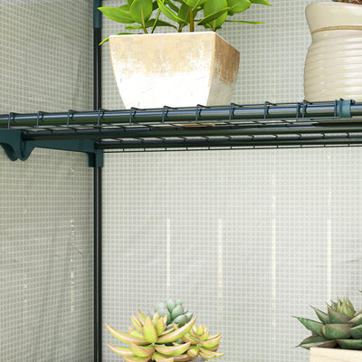 Outsunny 4 Tier Lean-to Mini Greenhouse with Reinforced PE Cover, Portable Small Greenhouse with Roll-Up Door, Grey Hemmed Edging, 110 x 50 x 171cm, Grey 