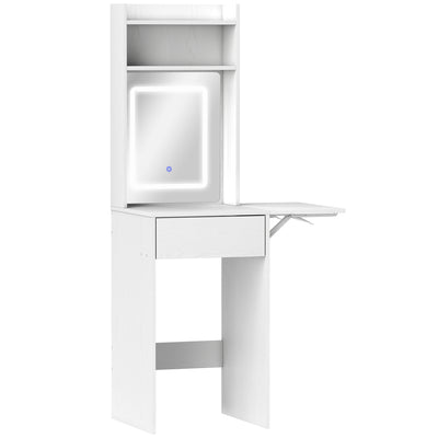 HOMCOM Small Vanity Desk with Mirror and LED Lights, Compact Dressing Table with Drop Leaf, Open Shelves and Drawer, White 