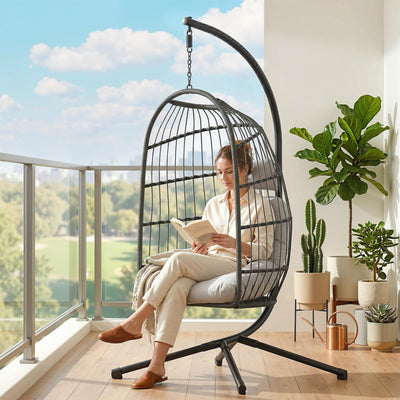 Outsunny Hanging Egg Chair, Indoor Outdoor Hammock Swing Chair with Stand, Safety Strap, Foldable Basket, Dark/Light Grey 