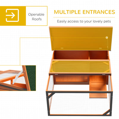 PawHut Rabbit Hutch Outdoor Guinea Pig Hutch with Run Small Animal Off-ground Duck House Hideaway Backyard with Openable Roof 125.5 x 100 x 49cm Orange 