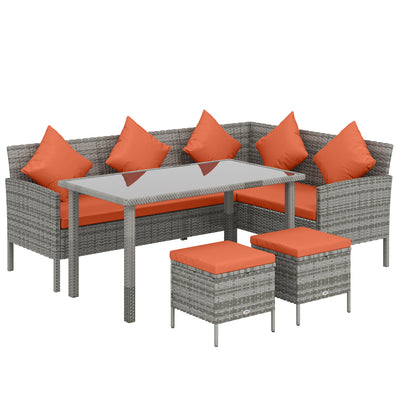 Outsunny 6-Seater Rattan Dining Set Sofa Table Footstool Outdoor w/ Cushion Garden Furniture, Orange 