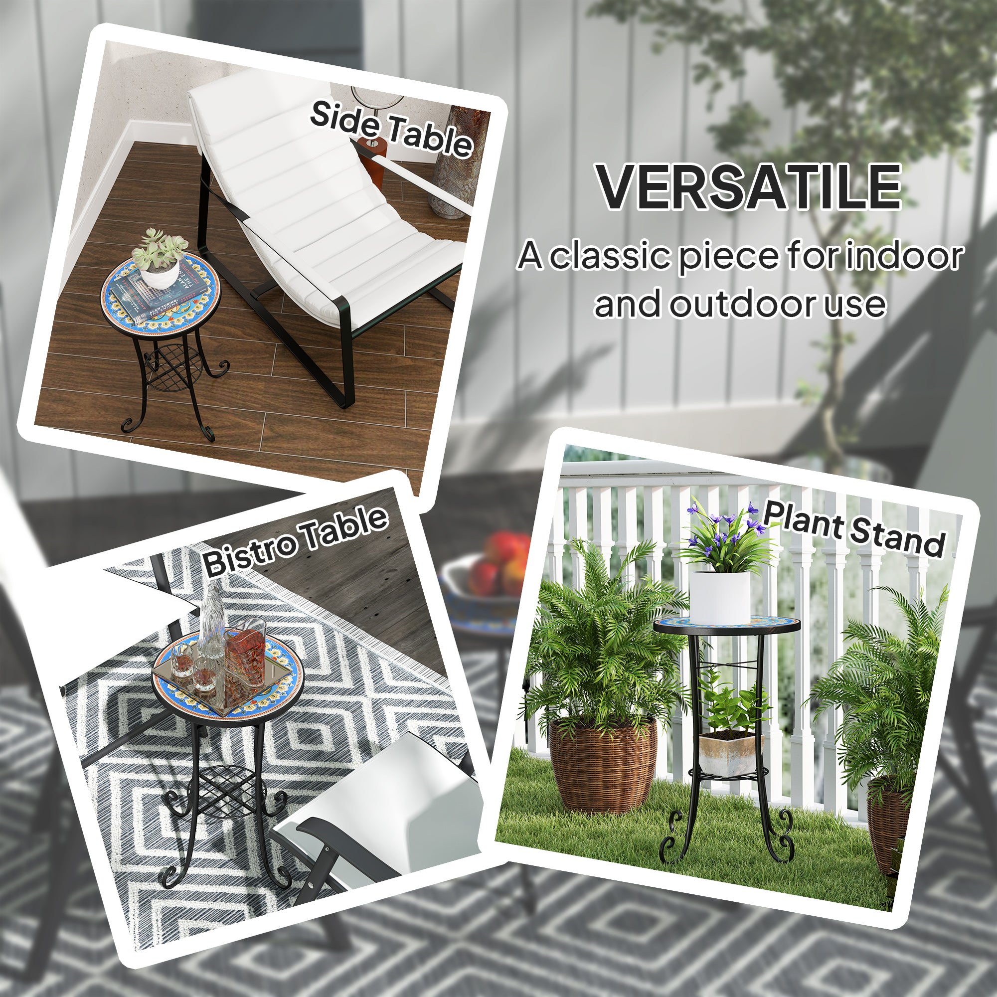 Outsunny Mosaic Garden Table, 35.5 cm Round Outdoor Table with Shelf, Ceramic Tile Top, Small Garden Side Table Bistro Table End Table Plant Stand for Indoor, Patio, Balcony, Blue