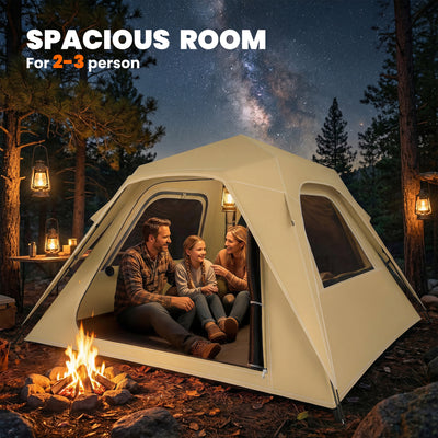 Outsunny Pop Up Tent 3000mm Waterproof Camping Tents with Mesh Windows 2-3 People Khaki 