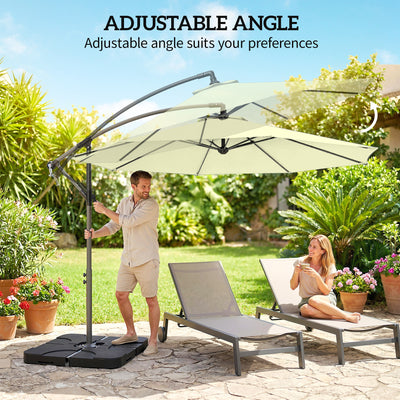 Outsunny 3m Overhanging Parasol, with Base, Weights and Cover - Beige 