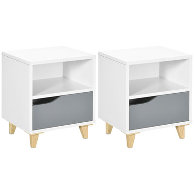 HOMCOM Set of 2 Modern Bedside Tables with Shelves, Drawers and Wood Legs, 36.8cm x 33cm x 43.8cm, White and Grey 