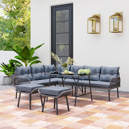 Outsunny 6 Piece Rattan Garden Furniture Set, 8 Seater Garden Corner Sofa with Cushions and Glass Top Table, Sectional Outdoor Furniture Conservatory Set for Patio, Charcoal Grey 
