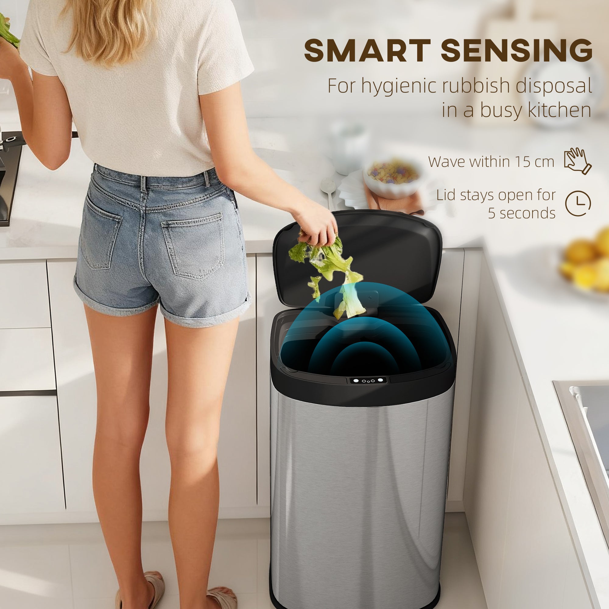 HOMCOM 55L Sensor Bin with Soft-Close Lid, Automatic Touchless Motion Sensor Kitchen Bin with Fingerprint Resistant Stainless Steel for Hygienic Gyms, Home Office Use, Silver Tone 