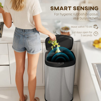 HOMCOM 55L Sensor Bin with Soft-Close Lid, Automatic Touchless Motion Sensor Kitchen Bin with Fingerprint Resistant Stainless Steel for Hygienic Gyms, Home Office Use, Silver Tone 