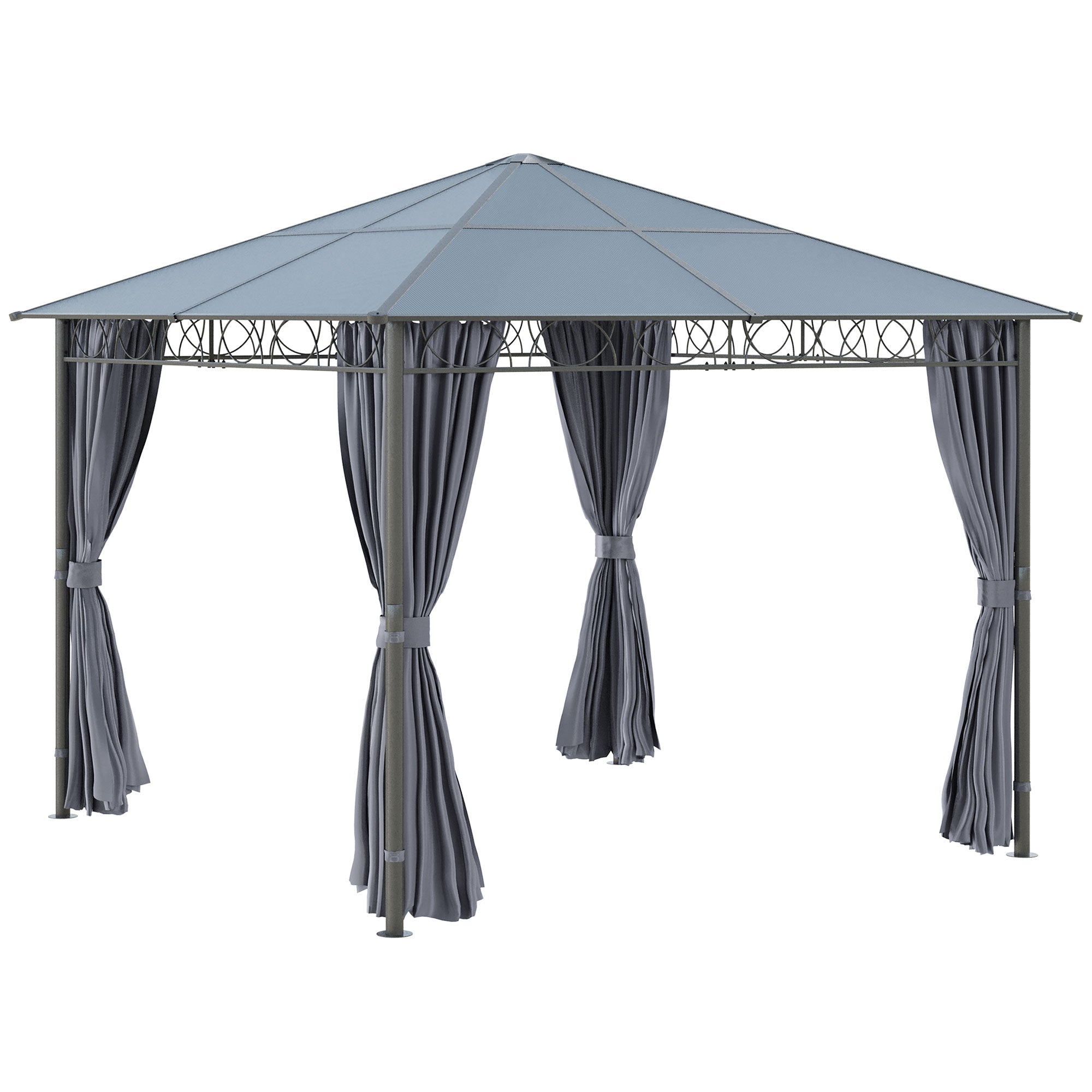 Outsunny 3 x 3(m) Hardtop Gazebo Canopy with Polycarbonate Roof, Permanent Pavilion Garden Gazebo with Curtains for Patio, Deck, Grey 