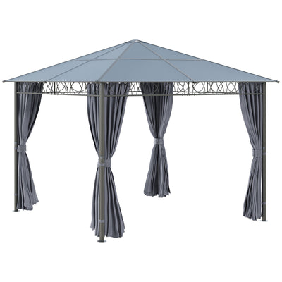 Outsunny 3 x 3(m) Hardtop Gazebo Canopy with Polycarbonate Roof, Permanent Pavilion Garden Gazebo with Curtains for Patio, Deck, Grey 