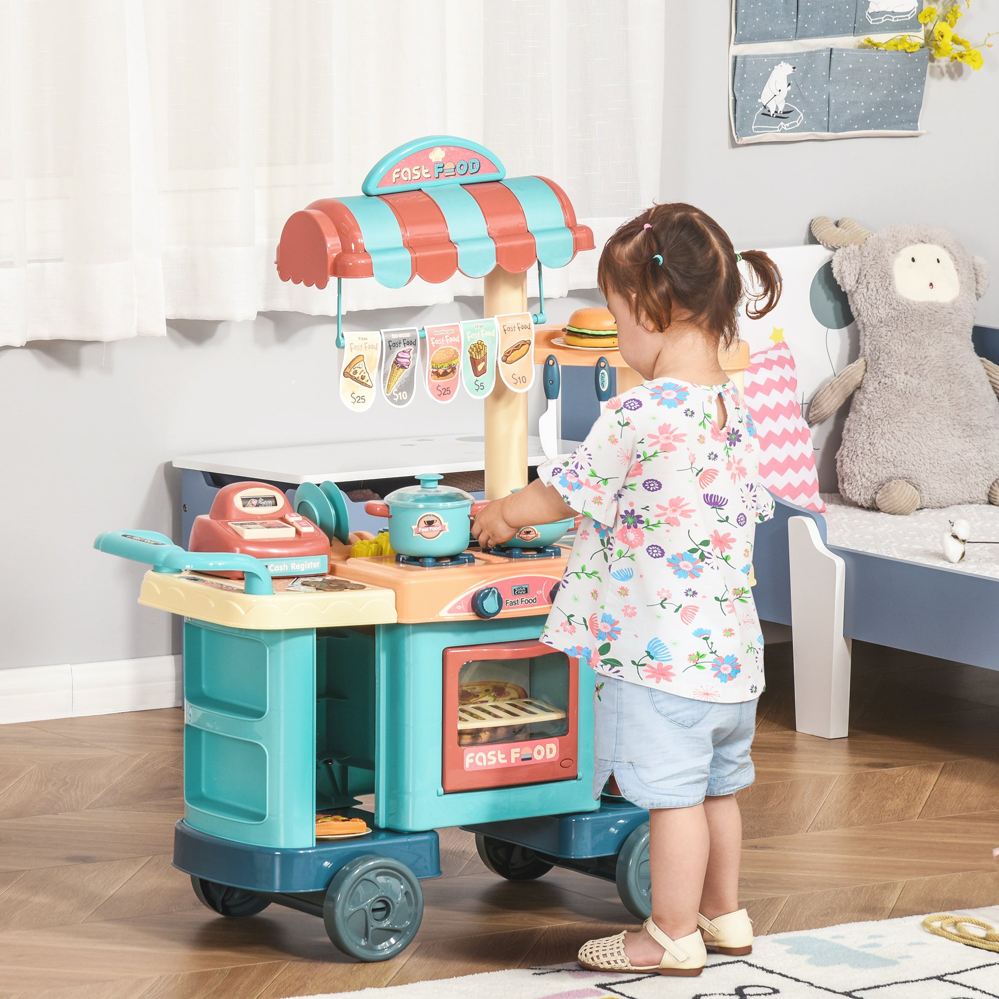 HOMCOM 50 Pcs Kids Kitchen Play set Fast Food Trolley Cart Pretend Playset Toys with Play Food Cashier Register Accessories Gift for Boys Girls Age 3-6 