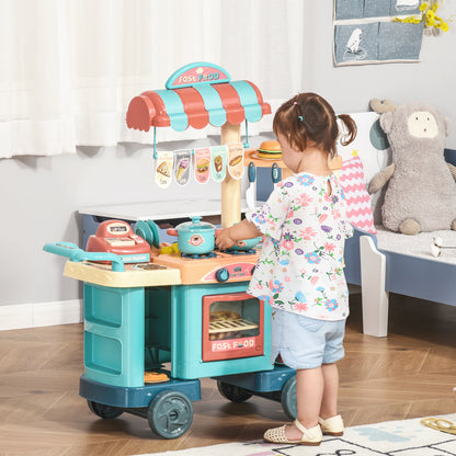 HOMCOM 50 Pcs Kids Kitchen Play set Fast Food Trolley Cart Pretend Playset Toys with Play Food Cashier Register Accessories Gift for Boys Girls Age 3-6 