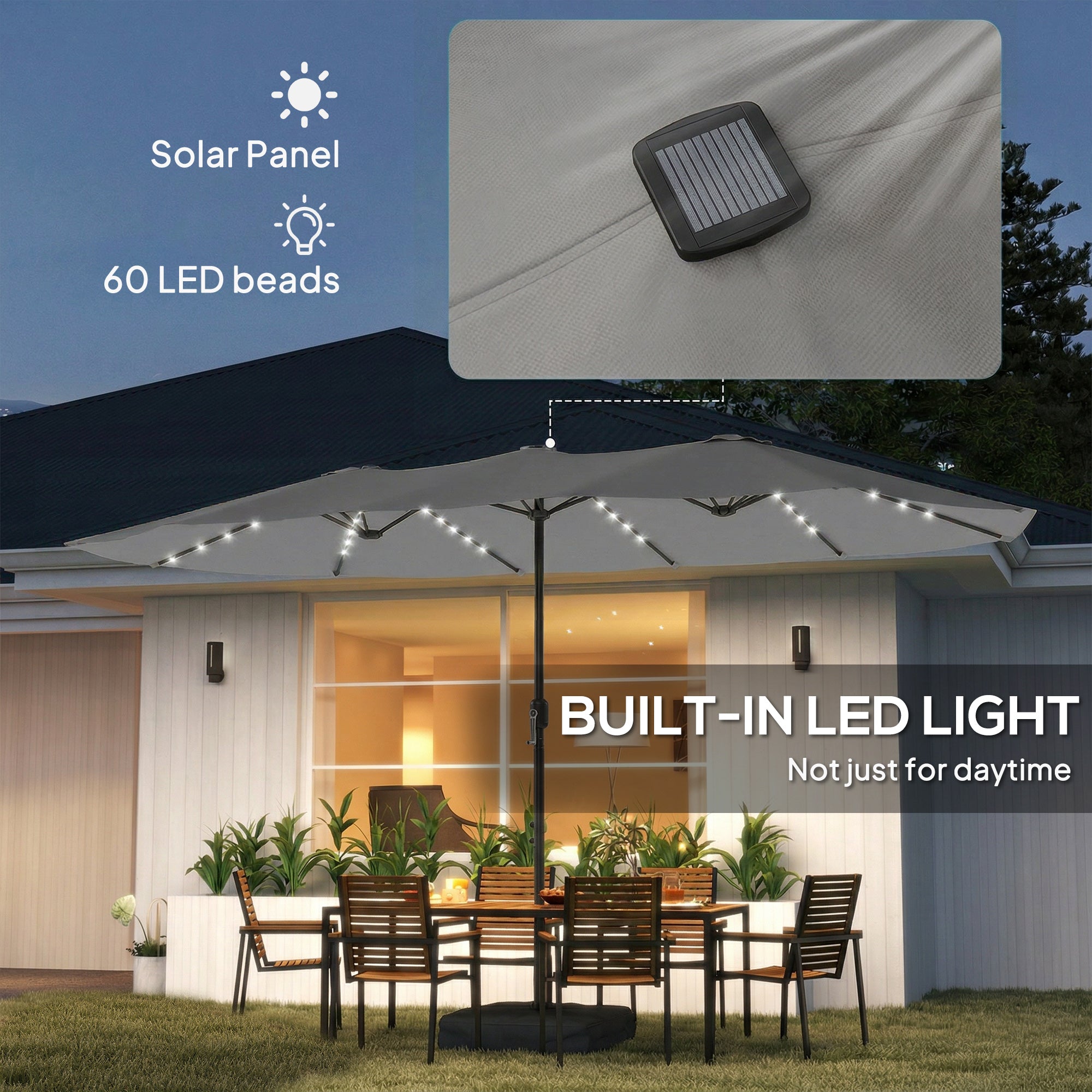 Outsunny Patio Umbrella Double-Sided Outdoor Umbrella with Solar Lights Base, Grey 