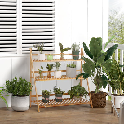 Outsunny 3-Tier Plant Stand, Plant Shelf Rack, Folding Bamboo Display Stand, 98x37x96.5cm, Natural 