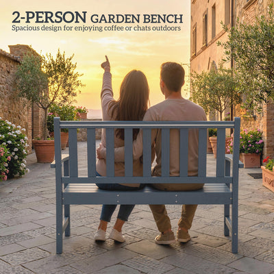 Outsunny 2 Seater Plastic Garden Bench, Outdoor Patio Bench with Armrest and Backrest, Weatherproof Outdoor Furniture for Balcony 