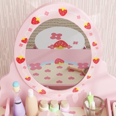 AIYAPLAY Kids Dressing Table Set, Vanity Table with Stool, Mirror, Drawer, Desktop Storage, Strawberry Theme, Pink 
