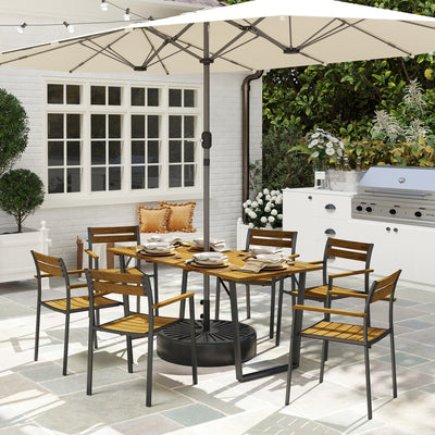 Outsunny 7 Piece Garden Dining Set, Fir Wood Garden Furniture Set with Rectangle Table and 6 Stackable Chairs, Umbrella Hole, Slatted Top and Steel Frame, for Patio Balcony Porch, Brown 