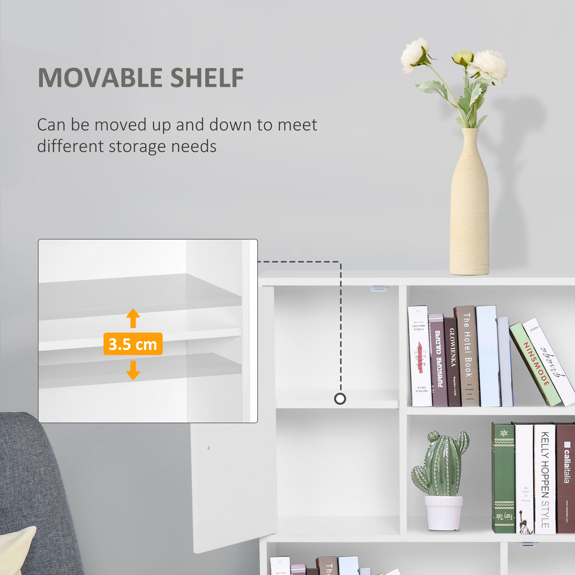 HOMCOM Sideboard Bookshelf Free Standing Bookcase Shelves Unit Display Storage Cabinet w/ Adjustable Shelves, Wooden Leg, Two Doors, White 