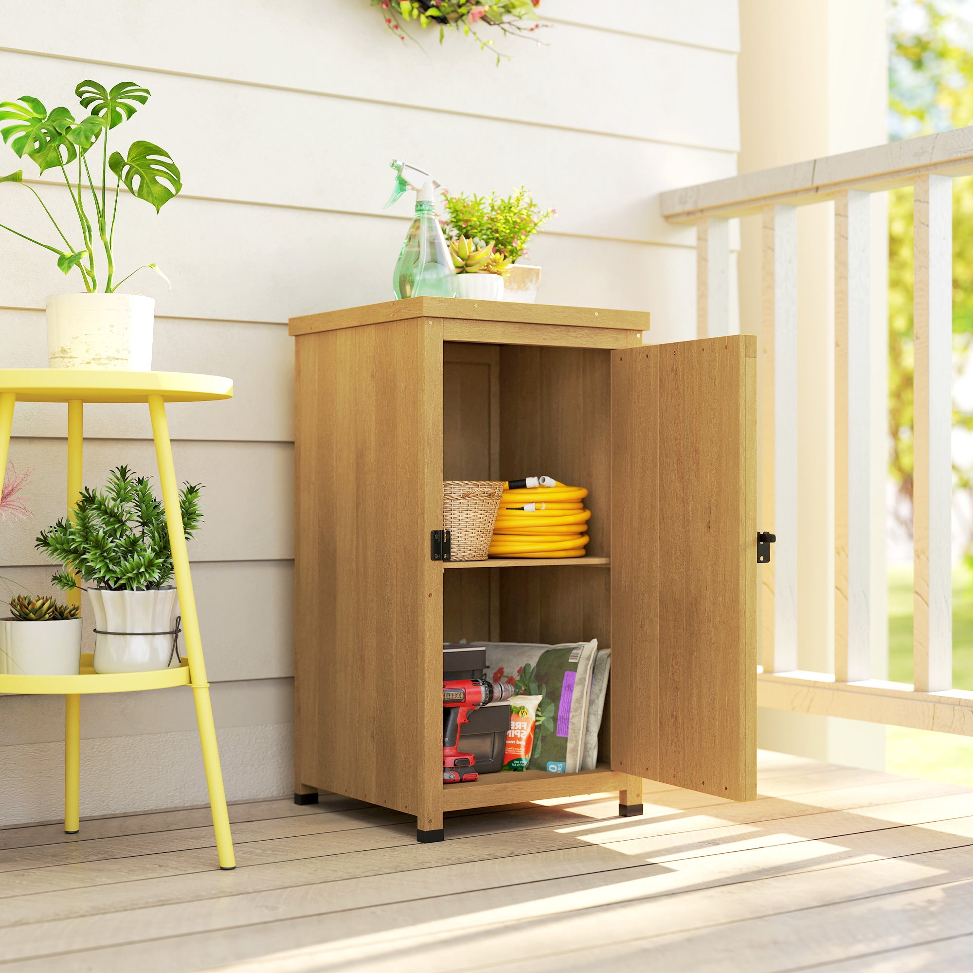 Outsunny Wooden Garden Shed, Garden Tool Storage Shed with Metal Top and Shelf, Light Brown 