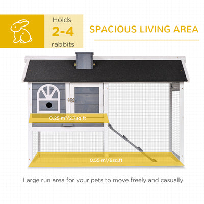 PawHut Wooden Rabbit Hutch and Run with Sliding Tray, Ramp, Water-resistant Roof, for 2-4 Rabbits, Grey 