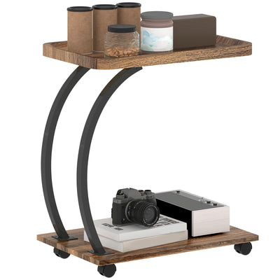 HOMCOM 2-Tier Mobile C-Shaped Side Table - Brown 