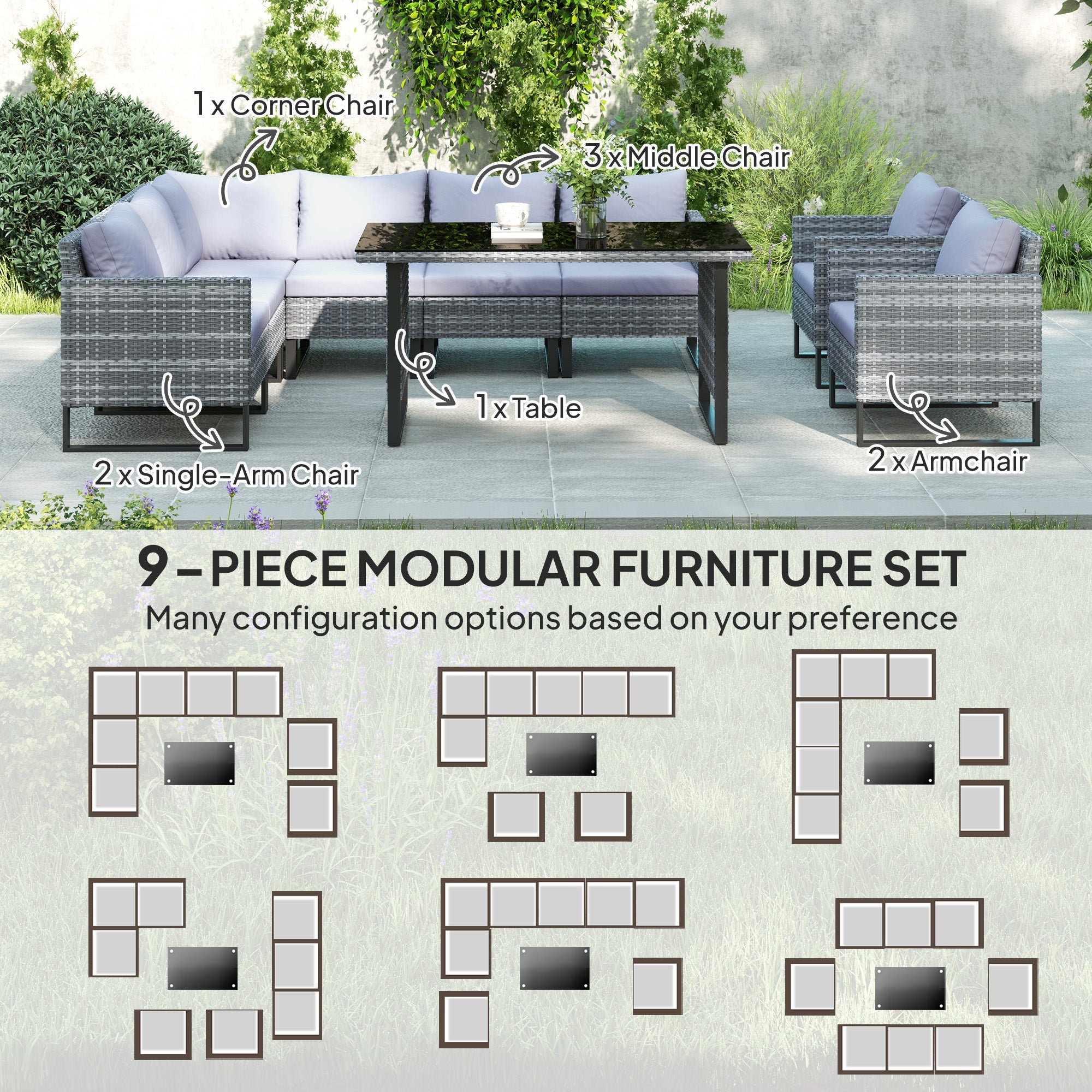 Outsunny 9 Piece Rattan Garden Furniture Set, 8 Seater Garden Corner Sofa with Cushions and Glass Top Table, Sectional Outdoor Furniture Conservatory Set for Patio, Light Grey 
