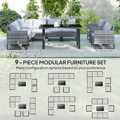 Outsunny 9 Piece Rattan Garden Furniture Set, 8 Seater Garden Corner Sofa with Cushions and Glass Top Table, Sectional Outdoor Furniture Conservatory Set for Patio, Light Grey 