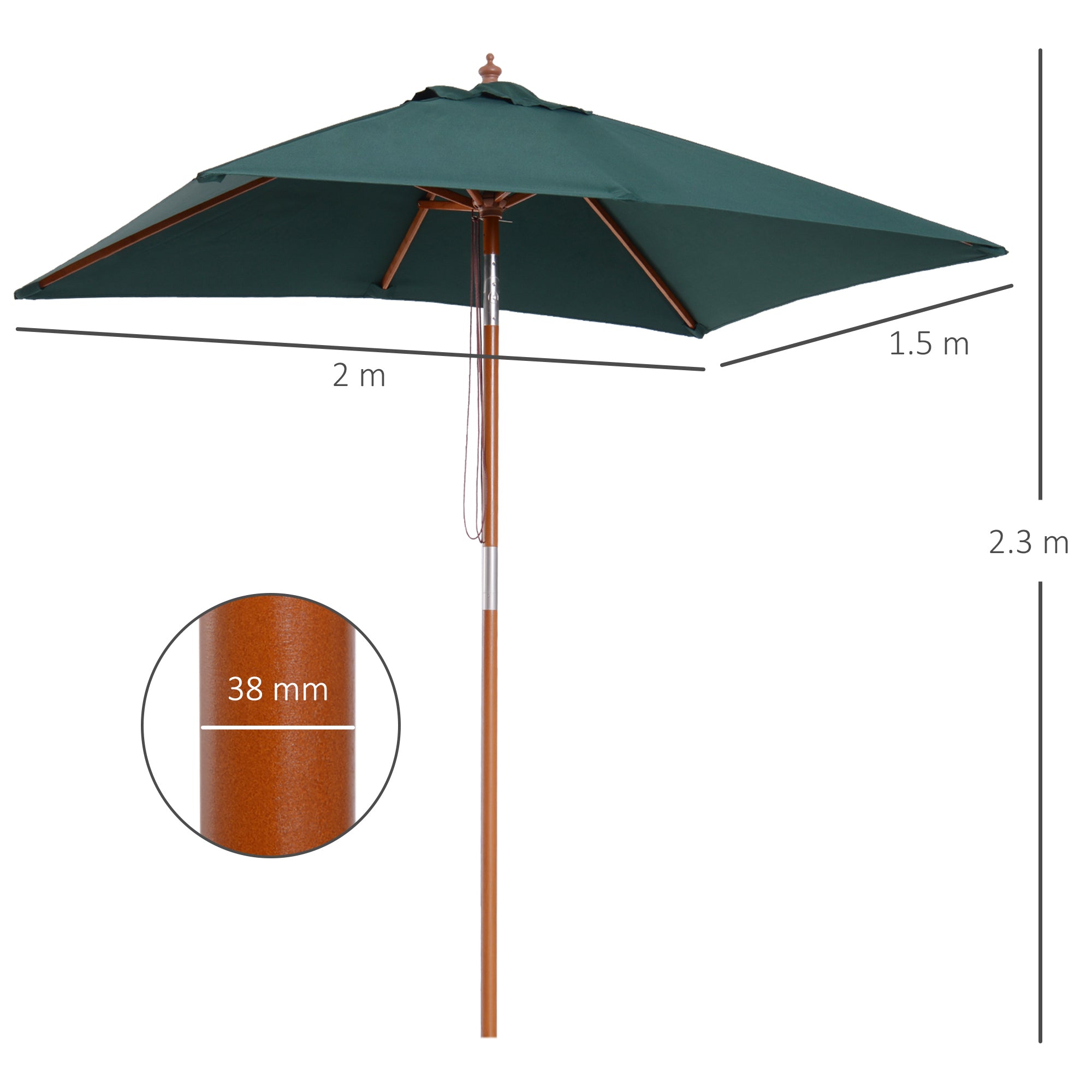 Outsunny 2m x 1.5m Garden Parasol Umbrella with Tilting Sunshade Canopy, Outdoor Market Table Umbrella with Wood and Bamboo Frame, Green 
