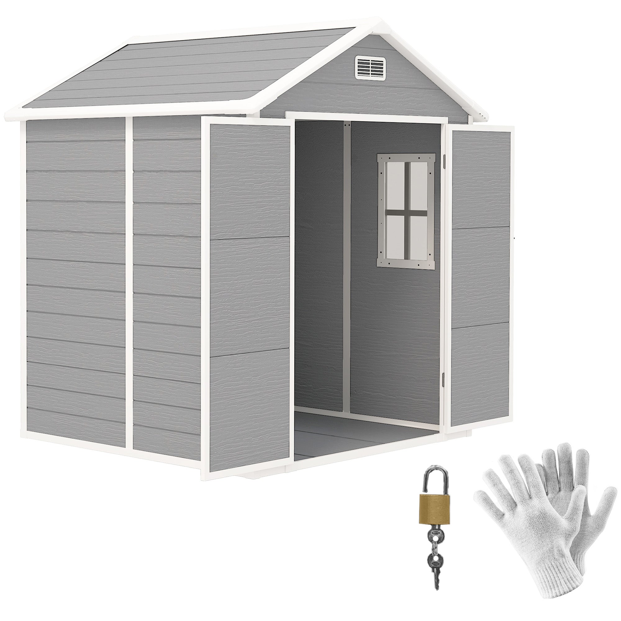 Outsunny 6 x 5ft Garden Shed, Plastic Shed with Floor, Window, Lockable Doors and Vents, Wood Effect Resin Tool Shed for Outdoor Patio, Dark Grey 
