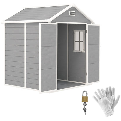 Outsunny 6 x 5ft Garden Shed, Plastic Shed with Floor, Window, Lockable Doors and Vents, Wood Effect Resin Tool Shed for Outdoor Patio, Dark Grey 