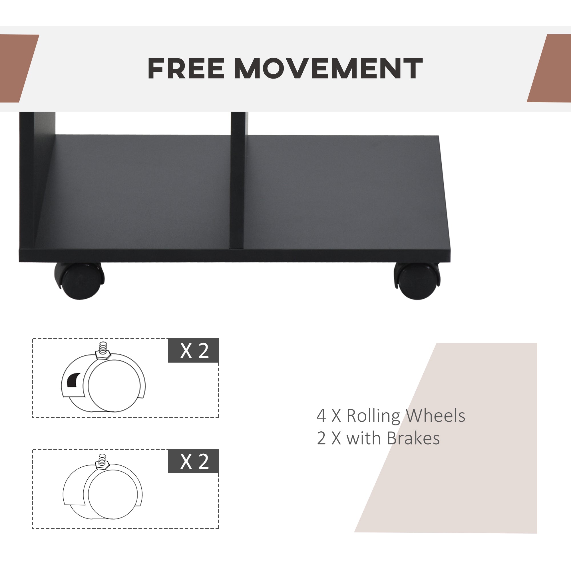 HOMCOM C-Shape End Table Unique Storage Unit w/ 2 Shelves 4 Wheels Freestanding Home Furniture Cabinet Square Black 