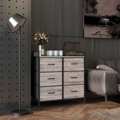 HOMCOM Rustic Chest of Six Fabric Drawers - Grey Wood Effect 