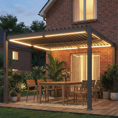 Outsunny 3 x 3 m Louvered Pergola with Solar LED lights, Metal Roof, Patio Gazebo Pergola Canopy with Drainage Gutters, Black 