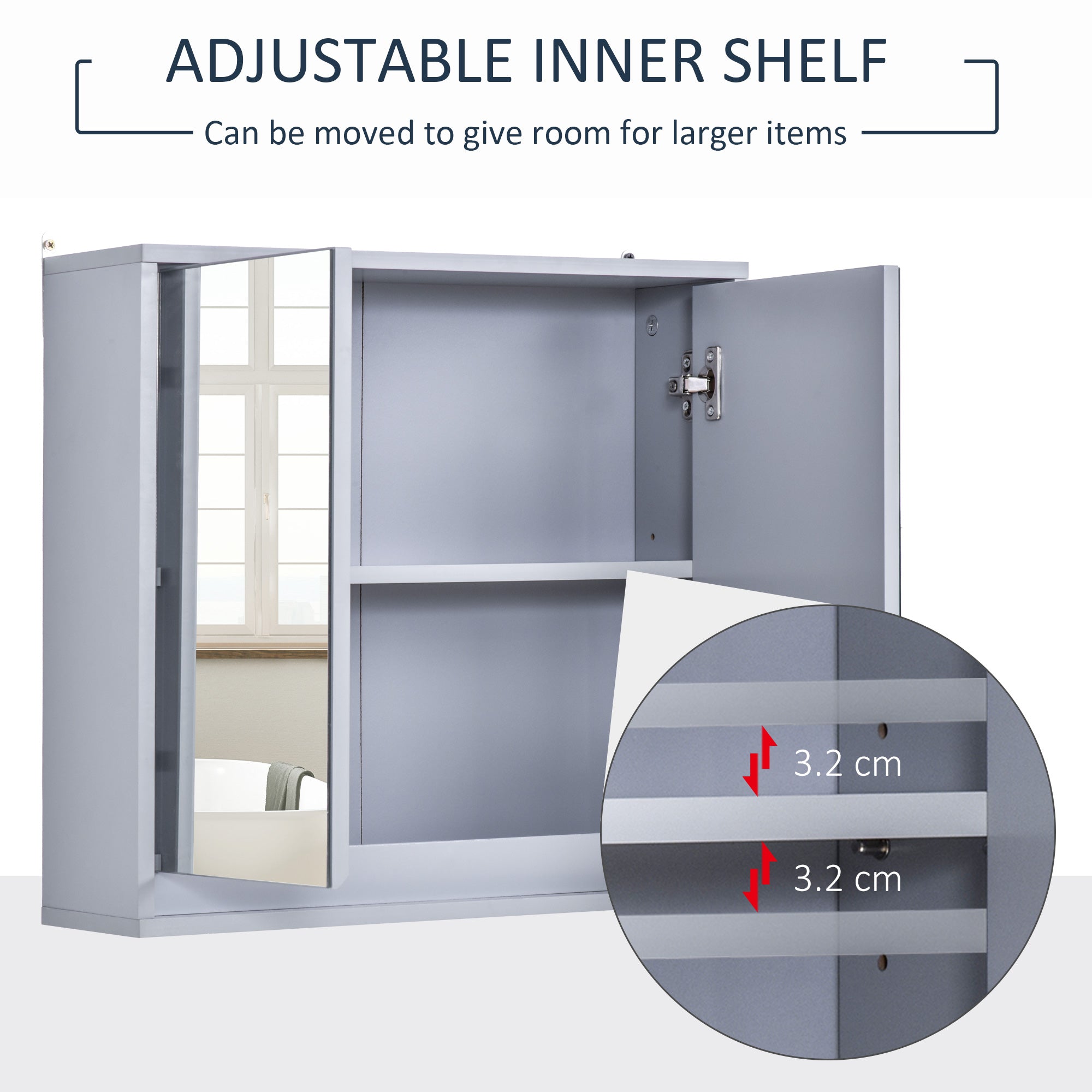 HOMCOM Wall Mounted Mirror Cabinet with Storage Shelf Bathroom Cupboard Double Door Grey 