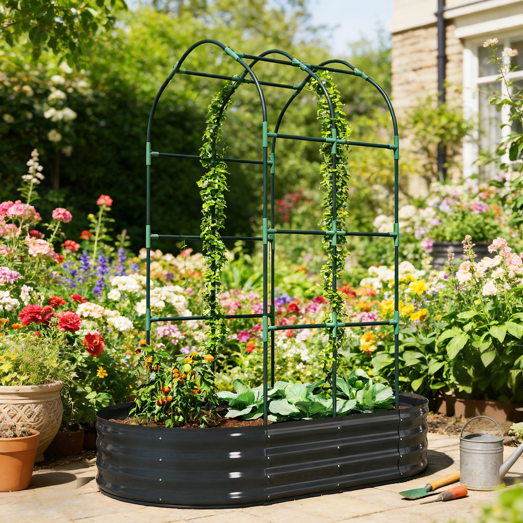 Outsunny Galvanised Raised Garden Bed with Arched Trellis, 5 x 3 x 6ft Metal Raised Bed for Garden with Open Bottom, Dark Grey 