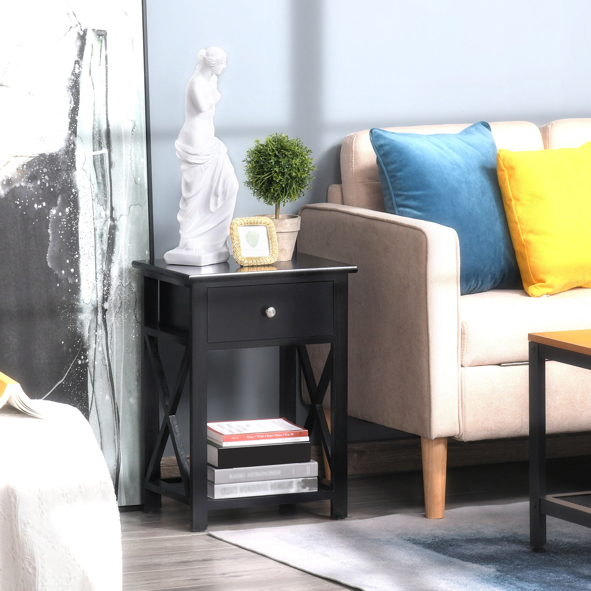 HOMCOM End Table, Sofa Side Table with Drawer X Bar Bottom Storage Shelf, Nightstand Bedside Table for Bedroom or Living Room Black 