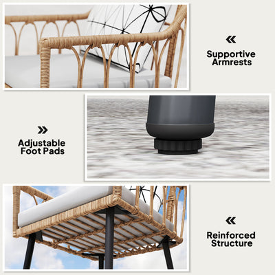 Outsunny 5 Piece Patio Rattan Dining Set, Wicker Garden Table and Chairs w/ Removable Seat & Back Cushions, Round Tempered Glass Tabletop, Parasol Hole, Outdoor Furniture Conservatory Set, Light Brown 