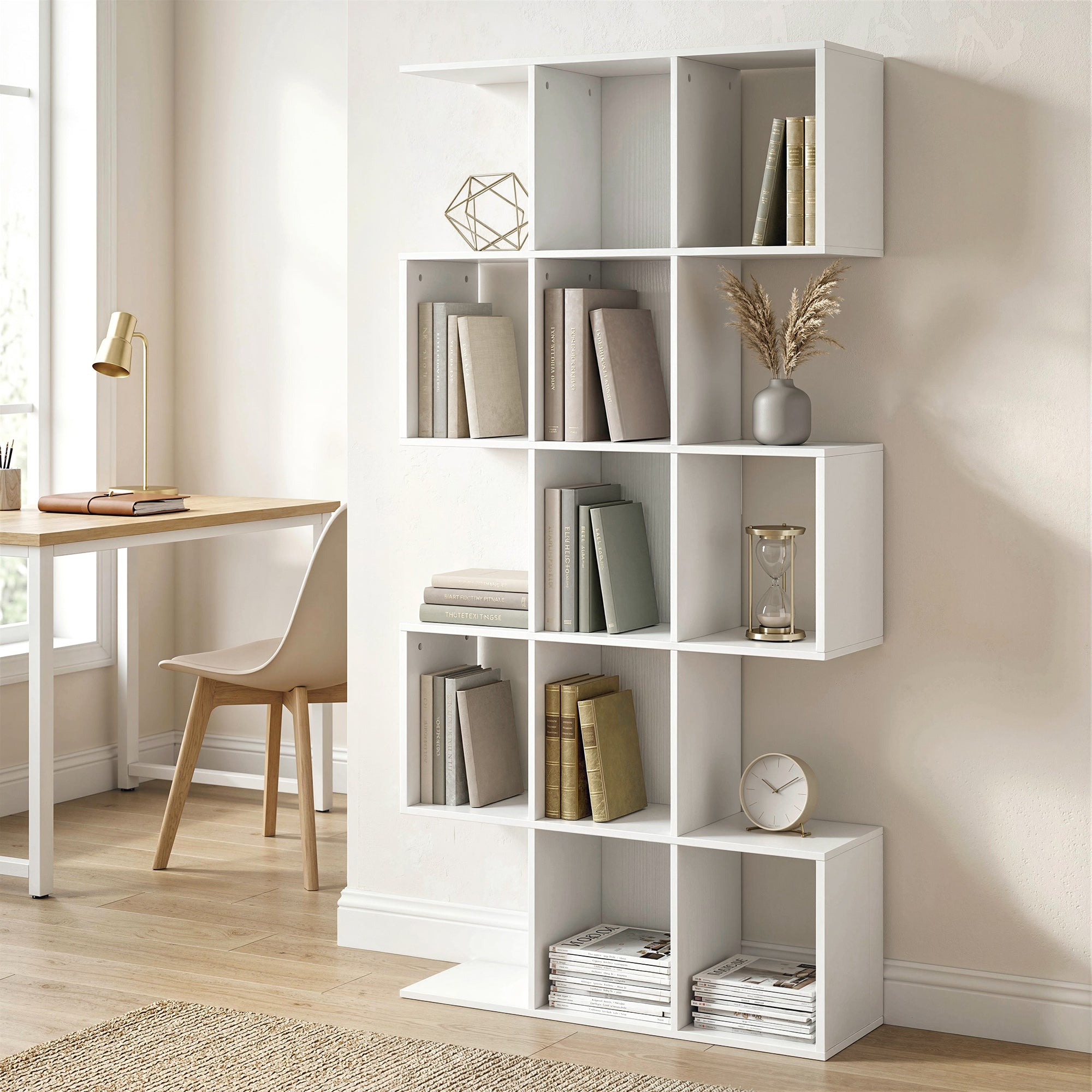 HOMCOM 5-Tier Bookshelf, S Shaped Geometric Bookcase with 15 Compartments, White Wood Effect 