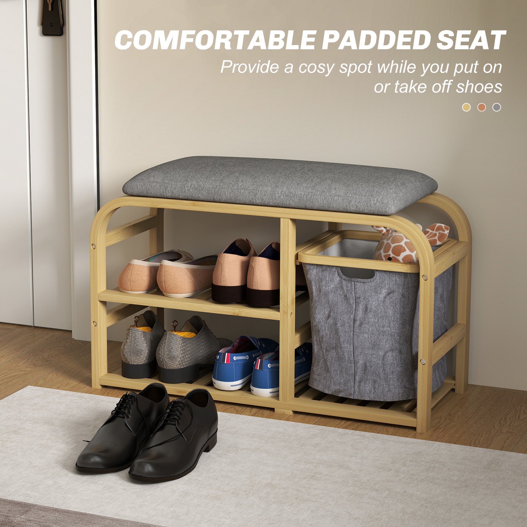 HOMCOM Bamboo Shoe Rack Bench with Padded Seat - Nature Wood Finish 