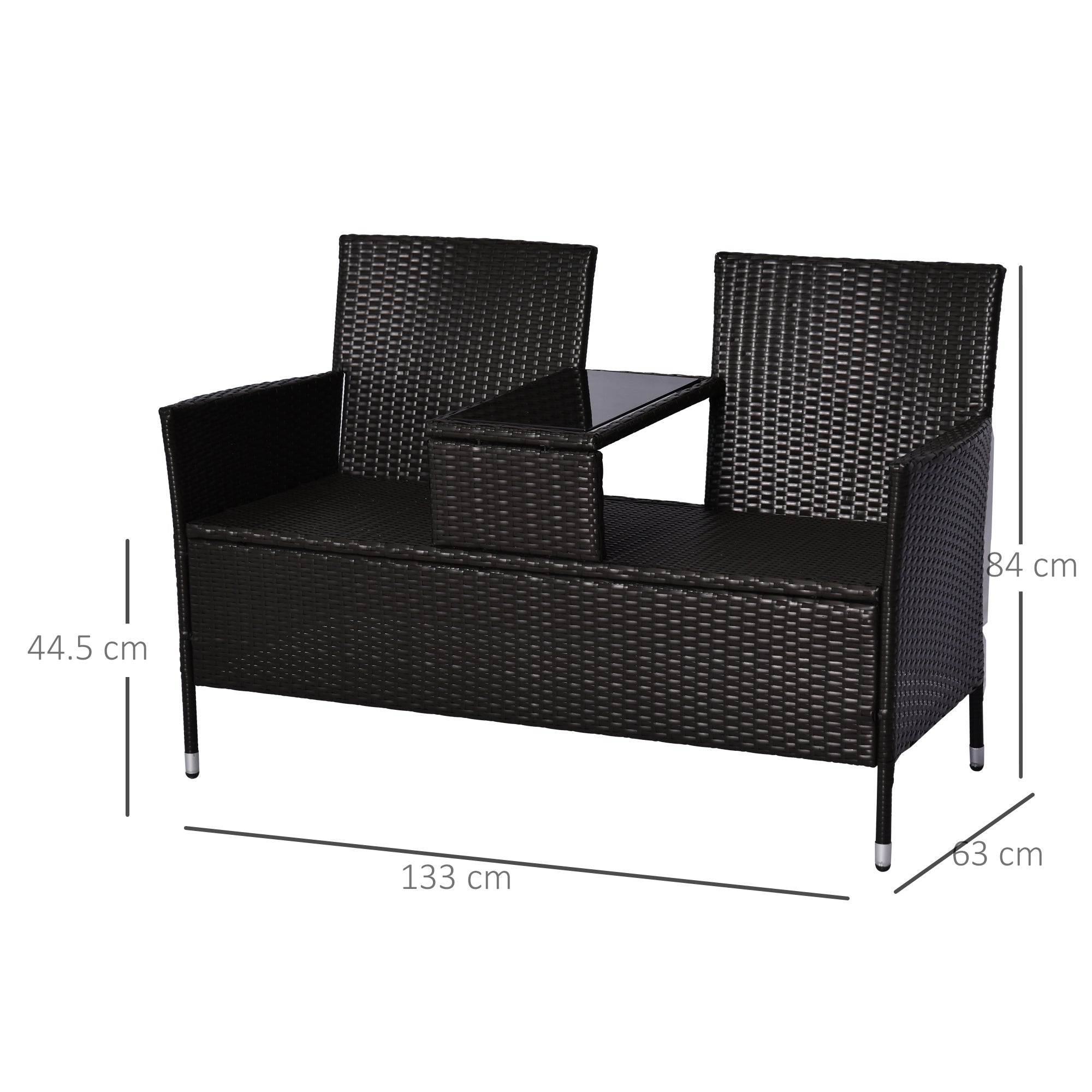 Outsunny 2 Seater Rattan Campanion Chair Wicker Loveseat Outdoor Patio Armchair with Drink Table Garden Furniture - Dark Brown 