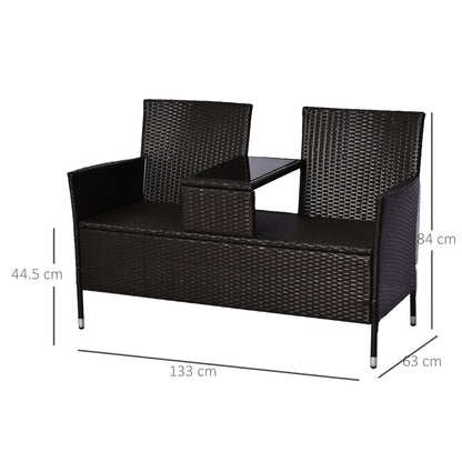 Outsunny 2 Seater Rattan Campanion Chair Wicker Loveseat Outdoor Patio Armchair with Drink Table Garden Furniture - Dark Brown 