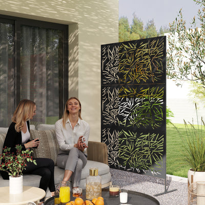 Outsunny Decorative Garden Privacy Screen with Stand, 6.5FT Freestanding Metal Outdoor Divider, Decorative Privacy Panel with Expansion Screws for Garden Pool Hot Tub, Bamboo Style, Black 